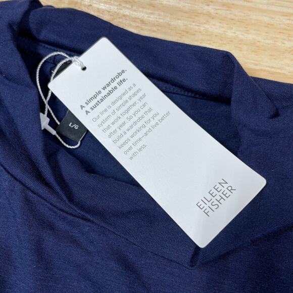 Eileen Fisher NWT Mock Neck Drawstring Tie Waist Dress Navy Size L Sleeveless - Picture 5 of 9